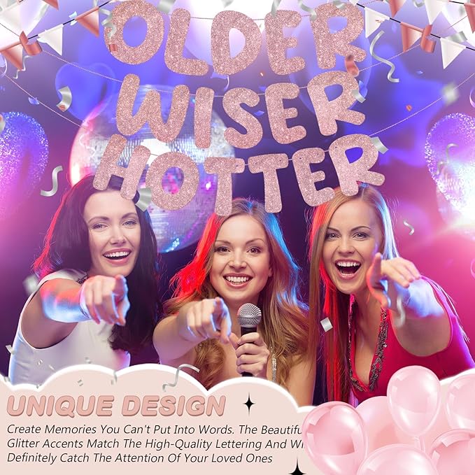 Fulmoon Set of 3 Pre Strung Older Wiser Hotter Glitter Banner Funny Birthday Banner for Women 30th 40th 50th 60th 70th 80th Birthday Party Decorations Sign Gift(Rose Gold)