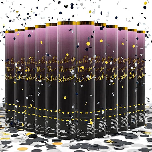 Confetti Cannon Black Gold And Grey Round Confetti Poppers Celebrate Party Poppers Anniversary 12 inch Wedding Poppers Launchers, New Year's Eve, Birthdays and Weddings（12 pack）