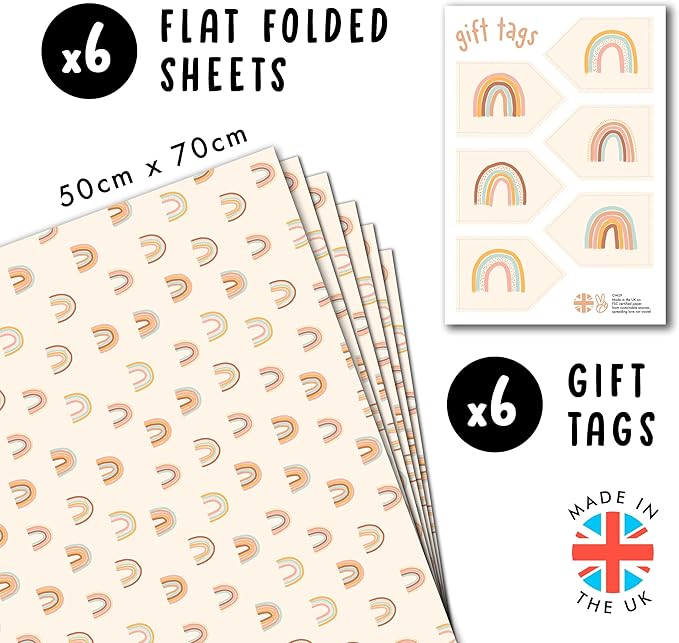 Central 23-6 Wrapping Paper Sheets - Pastel Rainbows - Birthday Gift Wrap for Women Girls Kids - Easter Paper - Baby Shower - Eco and Made in the UK
