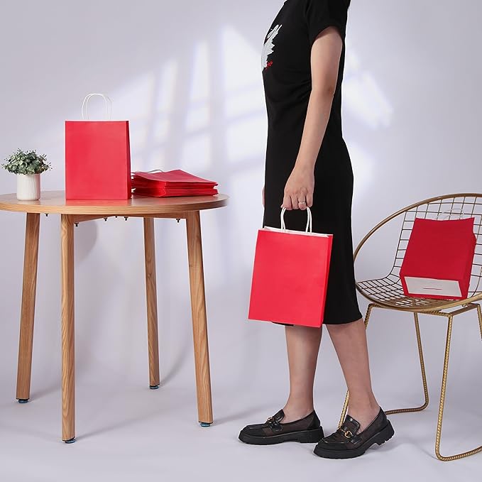 SUNCOLOR 25 Pack Red Gift Bags with Handles – 8x4.5x10 Medium Bags for Shopping, Retail, DIY, Wedding, Party Favors & Valentine's Day