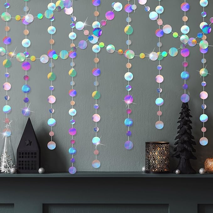 Outus 5 Pieces Laser Silver Round Dots Garland Graduation Party Hanging Decor Each Length 13.1ft Glitter Paper Dot Streamers for Birthday Wedding Classroom Supplies