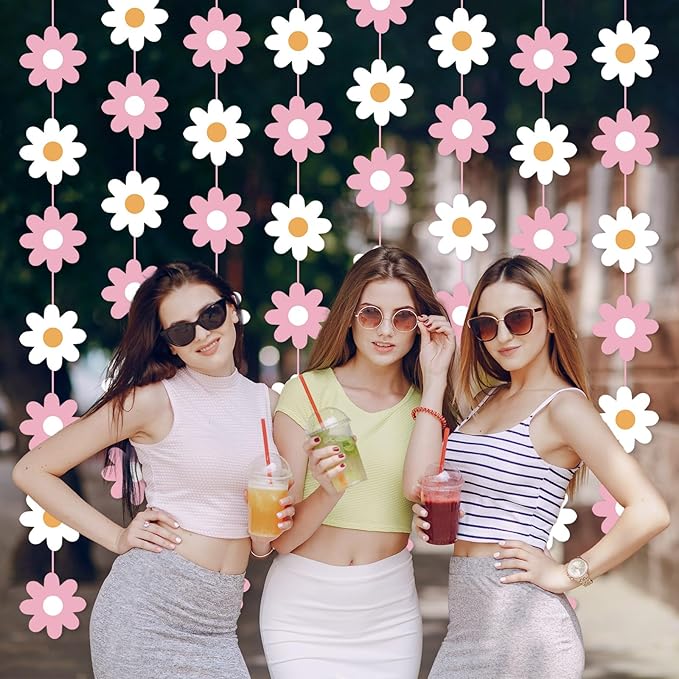 Pasimy 8 Pcs Daisy Boho Party Decorations Groovy Daisy Paper Garlands White Flower Hanging Garland Banner Hippie Flower Cutouts for Birthday Shower Wedding Party Favor Supplies(Fashion,Pink)