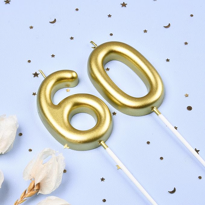 2.76 Inch Classical Gold 60 Number Birthday Candles, Gold Number Candles, Cake Number Candles, Party Celebration