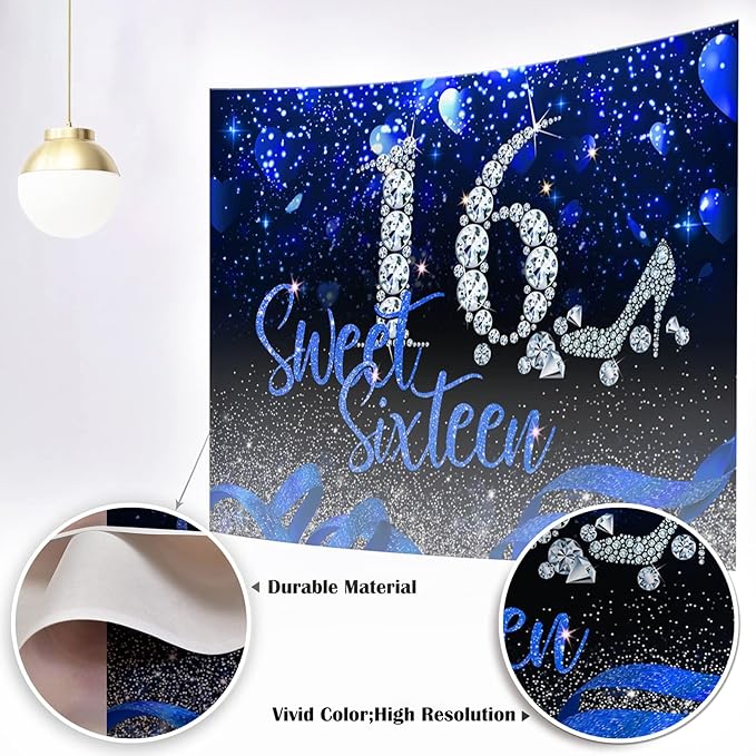 Mocsicka 7x5 Sweet 16 Birthday Backdrop Blue and Silver Sixteen Birthday Decoration for Girls Happy 16th Banner Background for Photography Party Supplies (7x5ft (82x60 inch))