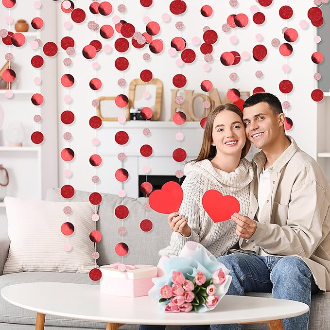 Outus 5 Pieces Red,Pink Round Dots Garland Graduation Party Hanging Decor Each Length 13.1ft Glitter Paper Dot Streamers for Birthday Wedding Classroom Supplies
