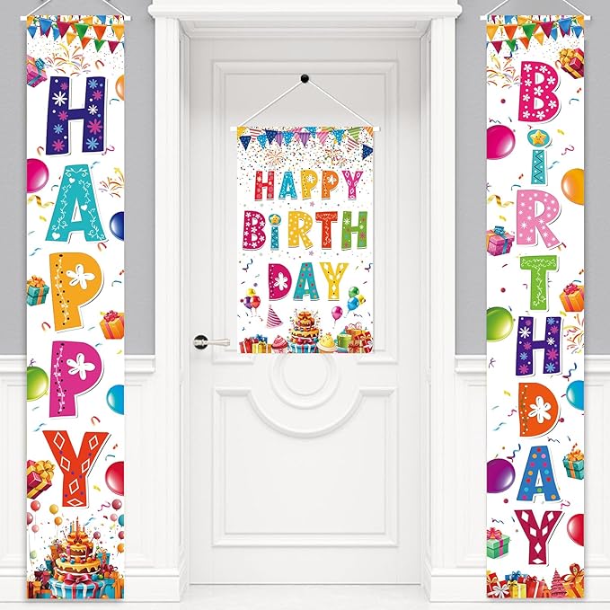 3 PCS Rainbow Happy Birthday Banner Set - Large 72" Photography Backdrop Door Porch Sign Wall Mount Party Decorations for Kids Boys Girls Indoor Outdoor Birthday Party Supplies (White)