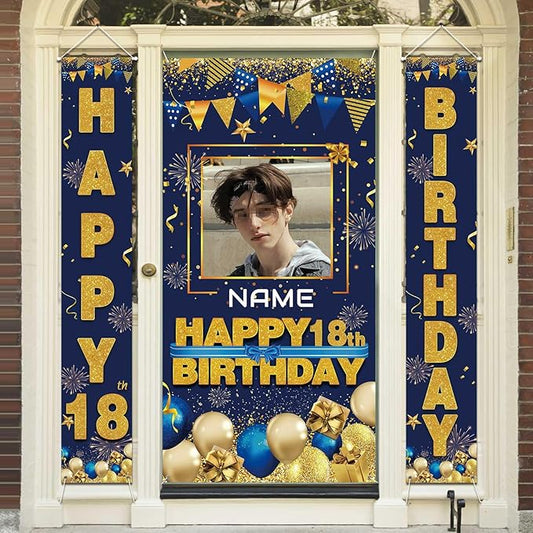 Custom Photo Birthday Banner Set Personalized Name Door Banners Fabric Backdrop Birthday Decorations Party Supplies Background for Indoor Outdoor Front Door Sign(Blue and Gold)
