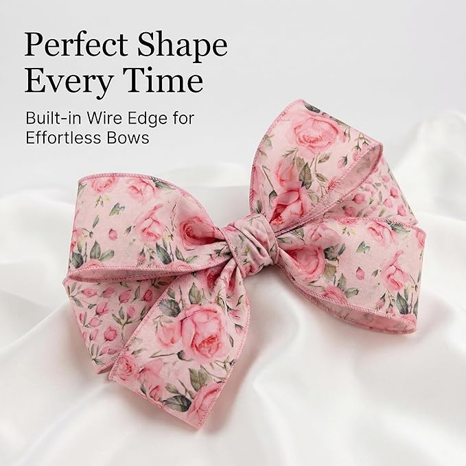 Spring Pink Floral Wired Ribbon, Rose Pattern Decorative Fabric Ribbon with Leaves for DIY Crafts Gift Wrapping Spring Summer Wedding Party Decor, 4 Rolls, 20Yards (Pink)