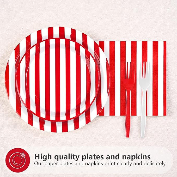96Pcs Red and White Striped Party Supplies Red and White Striped Paper Plates and Napkins Circus Theme Tableware Set for Summer Pizza BBQ Picnic Baby Shower Birthday Carnival Party Decorations Serve24