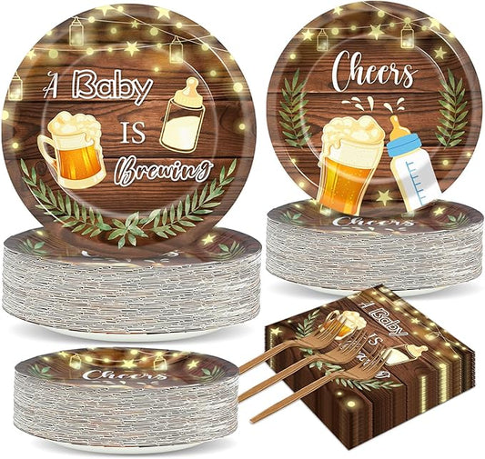 50 Guests A Baby is Brewing Baby Shower Plates and Napkins Party Supplies Baby is Brewing Party Decorations Disposable Tableware Set Brew Dinnerware Favors Decorations for Kids Boys Girls, 200PCS