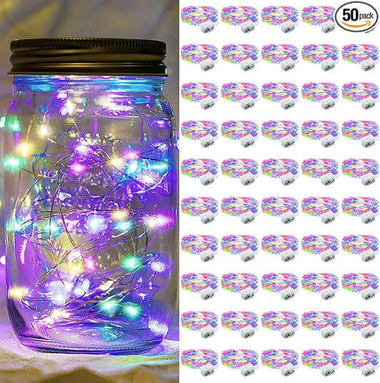 50 Pack Fairy Lights 7Ft 20 LED Twinkle String Lights 3 Modes Battery Operated Waterproof Firefly Starry for Mason Jar Party Wedding Easter Valentines Day Table Centerpieces,Rainbow-Pastel