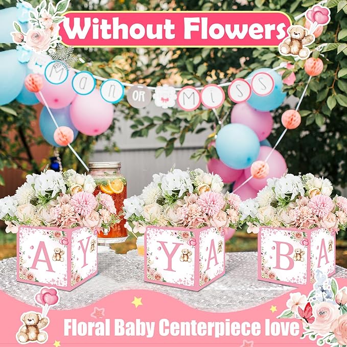 Bucherry 6 Pcs Baby Shower Centerpieces with Letters, 7" Baby Blocks Flower Boxes for Table Decorations, Gender Reveal Party Supplies & Photo Props(Pink,Pink Bear)