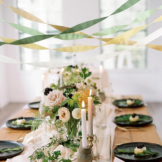 BEISHIDA 8 Rolls Sage Green Khaki and Gold Crepe Paper Streamers for Boho Theme Party Decorations Wedding Birthday Baby Shower DIY Craft Paper(1.8 Inch x 82 Ft/Roll)