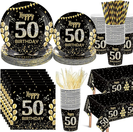 Funnymoom 452 Pcs 50th Birthday Decorations for Men, Black and Gold 50th Birthday Paper Plates Cups Napkins Tablecloth Cutlery Straws for Men Women 50 Year Old Party Supplies for 50 Guests