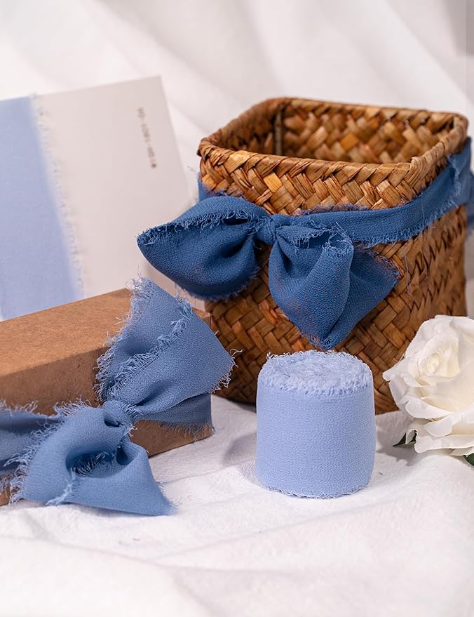 Chiffon Ribbon, Dusty Haze Pastel Blue 1.5''x21Yd Frayed Fringe Silk Ribbons for Gift Wrapping, Handmade Decor, Floral Vase, Mother's Day, Wedding, Graduation, Birthday, Engagement, 3 Rolls
