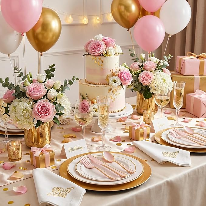 Supernal 120 PCS Pink Plastic Silverware Heavy Duty - Disposable Pink Utensils with Gold Silverware Set Include 40 Forks, 40 Knives and 40 Spoons for Valentines Day/Birthday Party/Wedding