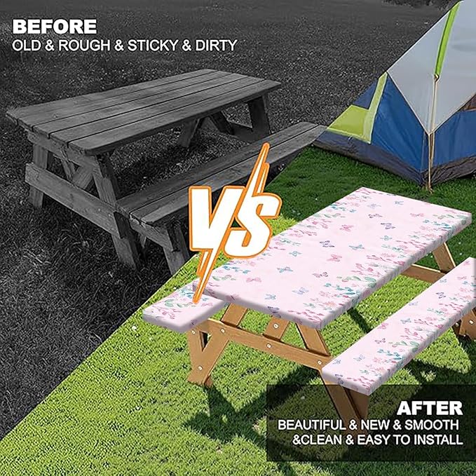 Butterfly Picnic Table Cover with Bench Covers, Camping Essentials, Flower Leaf Plant Waterproof Windproof Table Cover, Fitted Tablecloth Cover with Elastic Edge, for Indoor & Outdoor 3 PCS 30x72 Inch
