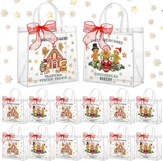 Motipuns 24 Pcs Clear PVC Gift Bags with Handles and Ribbon Party Favor Reusable Plastic Goodie Candy Treat Bags for Birthday Party Supplies(Gingerbread)