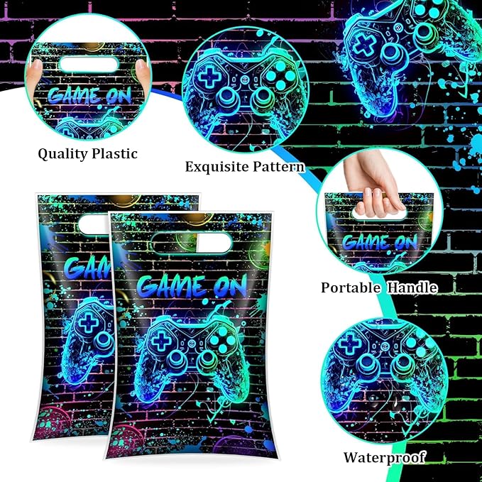 50 Pcs Video Game Birthday Plastic Goodie Bags With Handles Gamer Treat Favor Plastic Gift Bags for Boy Gaming Birthday Party Decorations