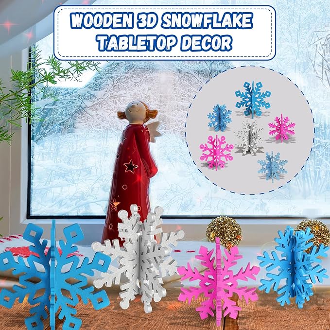 OuMuaMua 12 Sets Snowflake Christmas Table Decorations - 24pcs Blue Fuchsia Purple Sliver Wooden 3D Snowflake Decor Tabletop Centerpieces for Christmas Party Supplies Home Decor