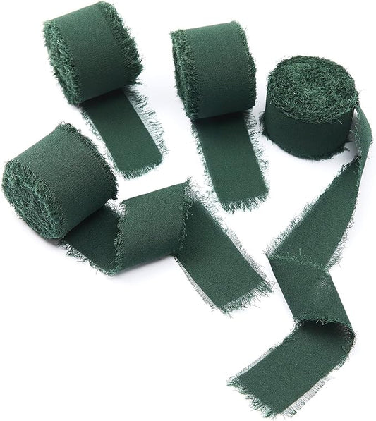 4 Rolls Dark Green Handmade Fringe Chiffon Silk Ribbon 1" W x 5Yd Per Roll,Frayed Edges Ribbon Set for Gifts Wrapping,Wedding Invitations,Bouquets,DIY Crafts (1" x20Yd, Dark Green)