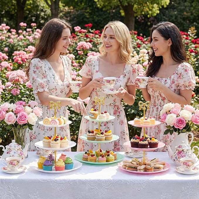 3 Sets Tea Party Decorations of 3 Tier Wedding Plastic Dessert Table Display Set Cupcake Stand Dessert Plates Cake Candy Display Tower Wedding Birthday Baby Shower Tea Party Decoration