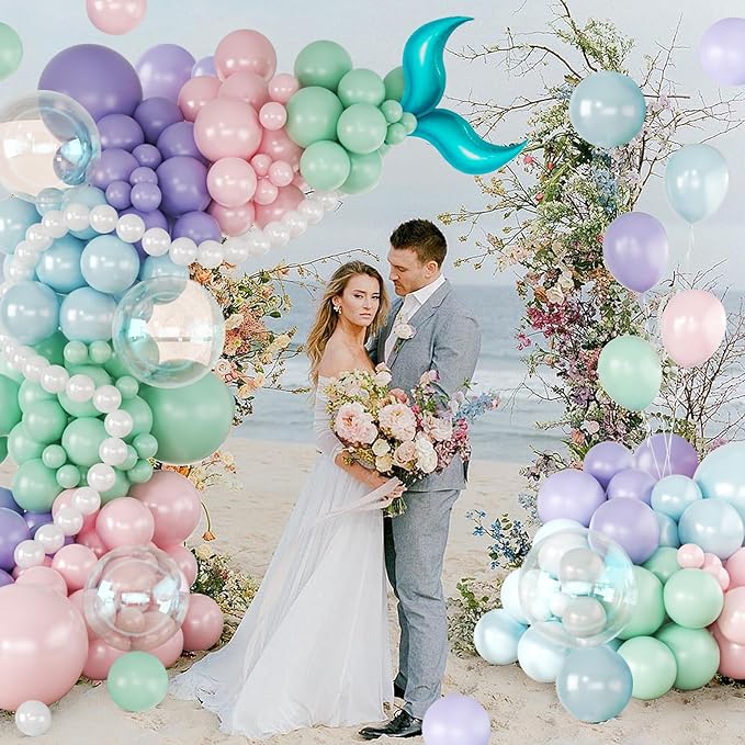 CROSSFINGERS Mermaid Balloon Garland Arch Kit,145pcs Purple Pastel Pink light Blue Balloons with Mermaid Tails Foil Balloons for Birthday Gender Reveal Baby Shower Ocean Themed Party Decorations