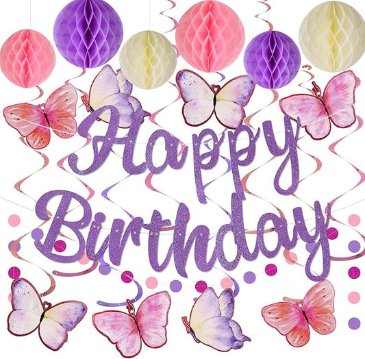YEOCU Birthday Decorations, NO DIY, Pre-Strung Happy Birthday Banner with Honeycomb Balls, Hanging Swirls, Circle Dots Garland, Happy Birthday Party Decorations for Women Men Boys Girls (Purple)