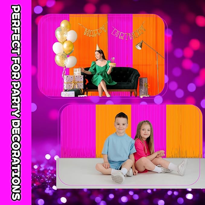 4 Pack Glow in The Dark Curtains Party Supplies 6.6 x 3.3 Ft Glow Tinsel Foil Fringe Curtains Orange Purple Photo Booth Prop Backdrop Streamer for Halloween Holiday Neon Party Decorations