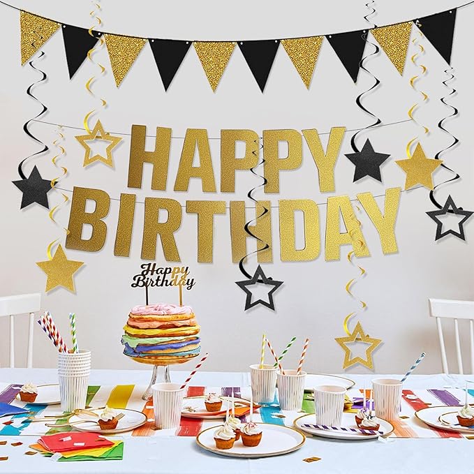 Happy Birthday Banner Black and Gold Birthday Decorations, Glitter Gold Bday Banner Sign Black Golden Pennant Flag Banner Garland and Star Hanging Swirls Men Women Birthdays Party Supplies for All Age