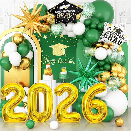 Green White Gold Balloon Arch Kit, Graduation Balloons Garland, 2026 Graduation Decorations Green Gold and White Balloons with Foil Star Balloon for Class of 2026 ollege High School Party Decor