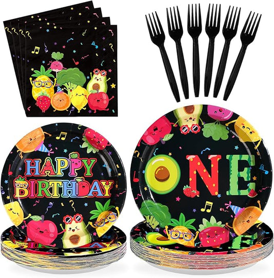 96 Pcs Dancing Fruit 1st Birthday Decorations Cartoon Dancing Fruits Plates and Napkins Black Fruits Themed Tableware Set for Kids Baby Shower 1st Birthday Celebrations Serves 24