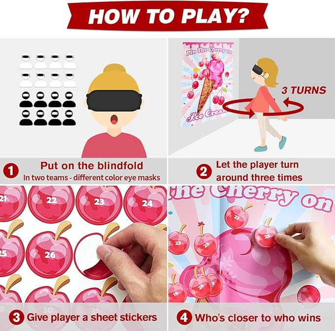 PARTYLOUD Ice Cream Party Games, Pin The Cherry on The Ice Cream, Ice Cream Birthday Party Games Decoration Classroom Toddlers Preschool Party Supplies for Boys Girls Adults