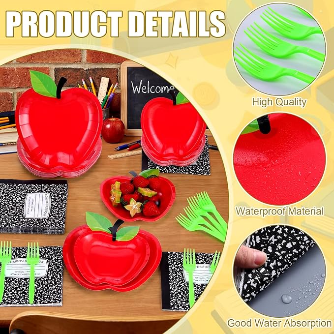 AmazingSpark 122 Pcs Preschool Kindergarten Graduation Party Decorations Apple Paper Plates Napkins Tableware Set for Teacher First Day Back to School Party Pre K Classroom Supplies