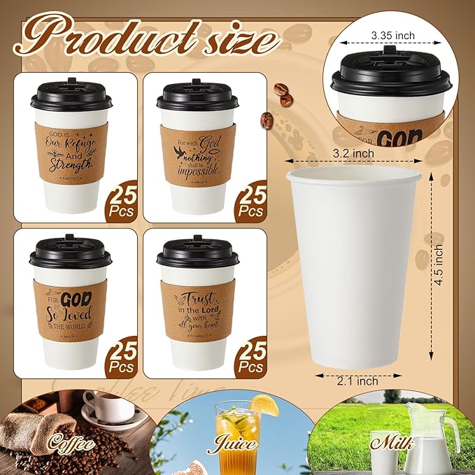 Jingmore 100 Set 12oz Christian Coffee Cups with Lids and Sleeves Disposable Bible Verse Paper Hot Cups for Religious Party Favors Sunday School Church Baptism