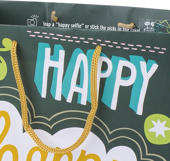 Hallmark 9" Medium Birthday Gift Bag with Tissue Paper and Mini Signs (Happy Happy Birthday, Green, Grey, Blue Hand lettering)