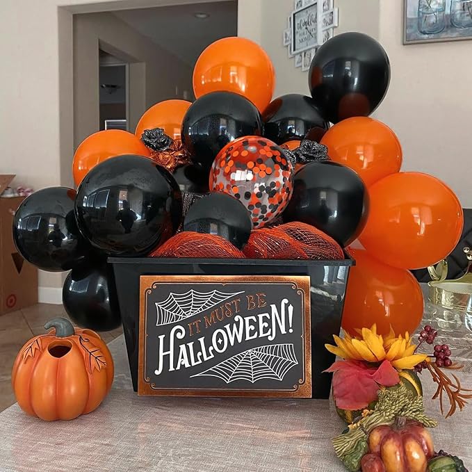 Patimate Black Orange Halloween Balloons Set, 50 pcs 12 inch Orange Black Confetti Latex Balloons Kit for Halloween Baby Shower Spooky Birthday Graduation Motorcycle Party Decorations