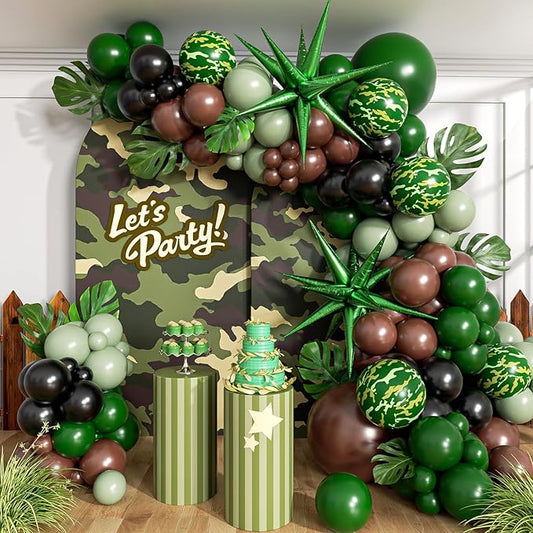 137pcs Camo Balloon Arch Garland Kit, Dark Green and Brown Balloon Arch Kit with Brown Sage Green Black Foil Balloons for Jungle Hunting Camo Birthday Party Decorations