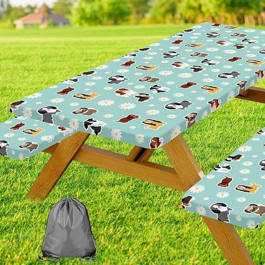Cute Dog Picnic Table Cover with Bench Covers Camping Essentials Waterproof Windproof Funny Animal Daisy Flower Table Cover Fitted Tablecloth Cover with Elastic Edge for Outdoor 3 PCS 30x60 Inch