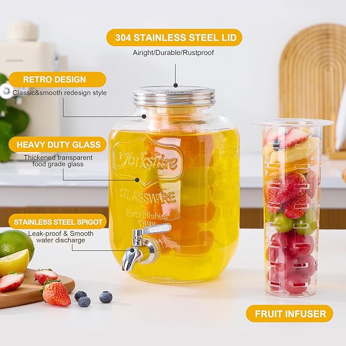 1 Gallon Glass Beverage Dispenser, Drink Dispenser With Fruit Infuser, Stainless Steel Spigot - Drink Dispensers for Parties, BBQ,Picnic,Weddings