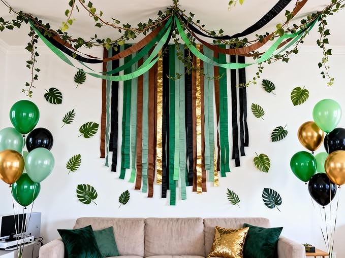 Green Jungle Backdrop Crepe Paper Streamers 492ft Birthday Fringe Party Curtain for Banner, Party Group Photo Background for Camp, Jungle Safari, Big Foot, Woodland Theme