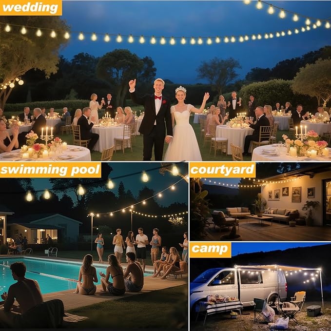50 FT Outdoor String Lights with 27 Shatterproof Waterproof LED Edison Bulbs Connectable Hanging Patio Lights for Backyard Deck Party