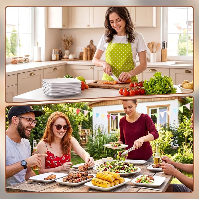 Irenare 8 Pcs 9 Inch Rectangular Salad Plates White Rectangular Porcelain Dessert Plates Appetizer Serving Tray Porcelain Platters for Fruit Sushi Dinner Parties, Microwave, Oven Safe