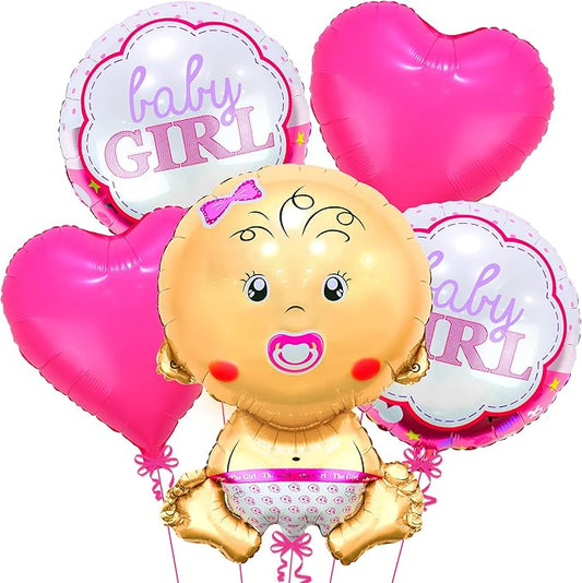 Katchon, Baby Girl Balloons for Baby Shower Set - 27 Inch, Pack of 5 | Its a Girl Balloon | Gender Reveal Balloons, Welcome Baby Balloon, Baby Shower Decorations for Girl | Baby Gender Reveal Decor