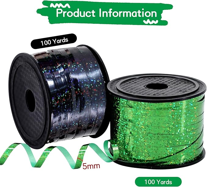 BEISHIDA 2 Pack 100 Yards Green Black Curling Crimped Glitter Ribbon Balloon String Shiny Metallic for Gift Wrapping Ribbon 2026 Graduation Halloween Birthday Party Decoration