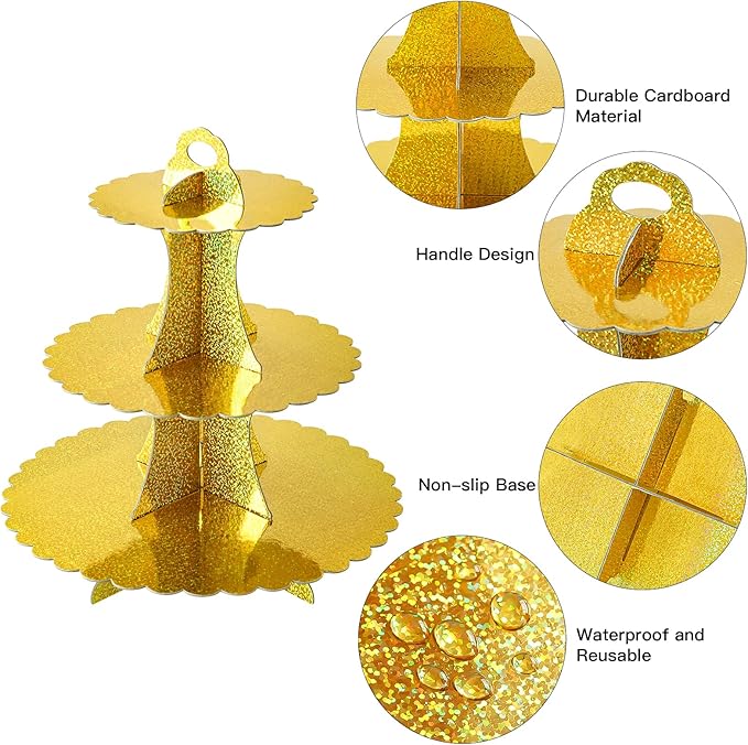 Soleebee 3-Tier Cupcake Stand, Cardboard Cupcake Tower, Dessert Cup Cake Stand Tower for Birthday Wedding Party Decoration, Cupcake Tier Stand 2 Set (Glitter Gold)