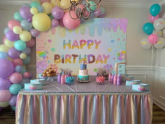 Mocsicka Donut Happy Birthday Backdrop for Girls Sweet Candy Birthday Party Decorations Background Cake Table Banner Donut Ice Cream Birthday Photography Background (10x8ft(120x96 inch))
