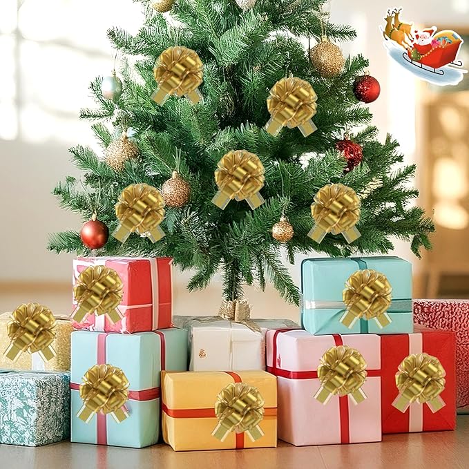 12 Pcs Gold Gift Bow Pull Bows for Gift Warpping Christmas Warp Ribbon Bow Party Birthday Wedding Solid Bows for Bikes Anniversary Boxes Flower Decorations Valentine's Day (Gold-E)