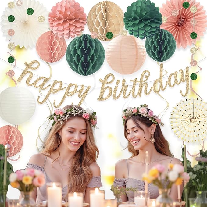 Pink Sage Green Happy Birthday Decorations, Pre-Strung Happy Birthday Banner with Honeycomb Balls, Paper Flowers, Lanterns, Hanging Swirls, Circle Dots Garland for Birthdays Party Decorations 24pcs