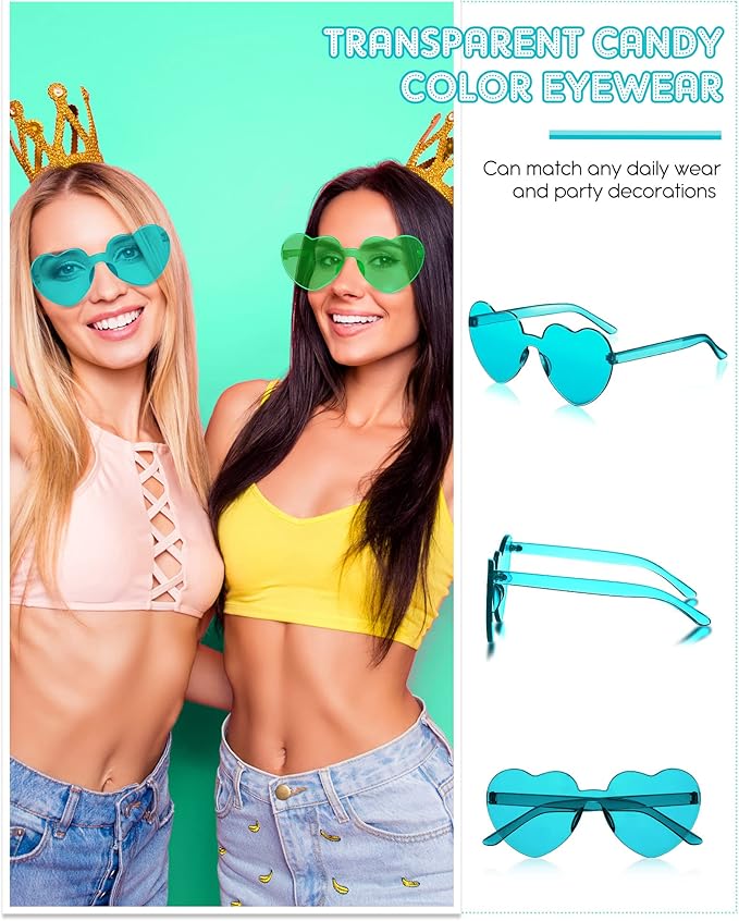 Kingdder 24 Pairs Heart Shaped Sunglasses Rimless Glasses Bulk Candy Color Tinted Eyewear Summer Party Favors